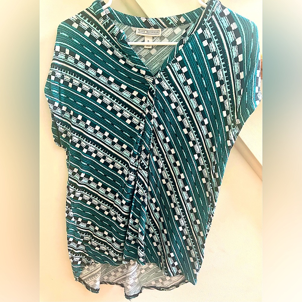 Dana Buchman V-neck Green and Black Checkered/ Striped Top